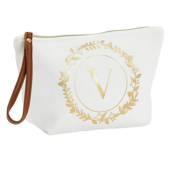 Gold Initial V Personalized Makeup Bag for Women, Monogrammed Canvas Cosmetic Pouch (White, 10 x 3 x 6 In)