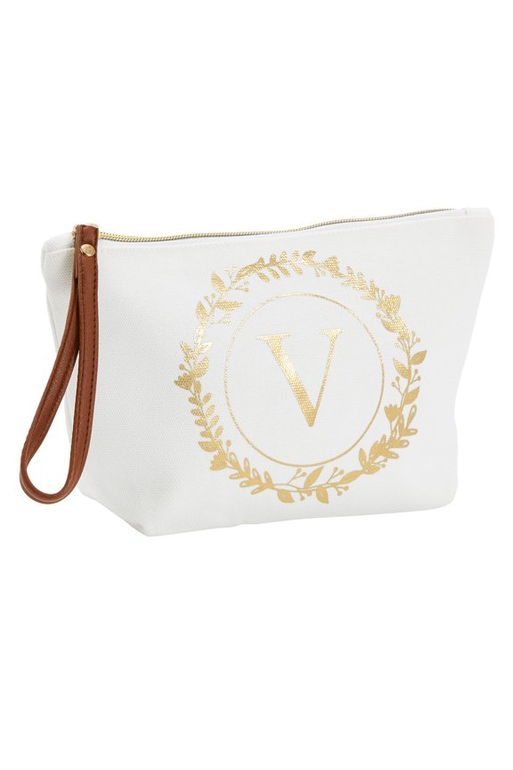 Gold Initial V Personalized Makeup Bag for Women, Monogrammed Canvas Cosmetic Pouch (White, 10 x 3 x 6 In)