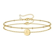 TURANDOSS 14K Gold Plated Layered Initial Bracelets for Women Girls Dainty Adjustable Disc Charm Chain Personalized Letter A-Z Trendy Jewelry Christmas Birthday Gifts for Women Girls Stocking Stuffer