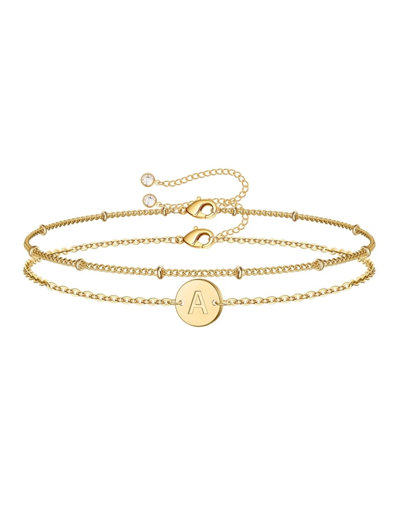 14K Gold Plated Layered Initial Bracelets for Women Dainty Disc Charm Chain Trendy Jewelry Birthday Teacher Appreciation Mothers Day Graduation Gifts for Her Mom Kids Teen Girls Wife Ideas
