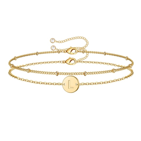 Layered Initial Bracelets for Women Girls Dainty 14K Gold Plated Disc Monogram Charm Personalized Letter A-Z Trendy Jewelry Birthday Gifts for Women Daughter Mom