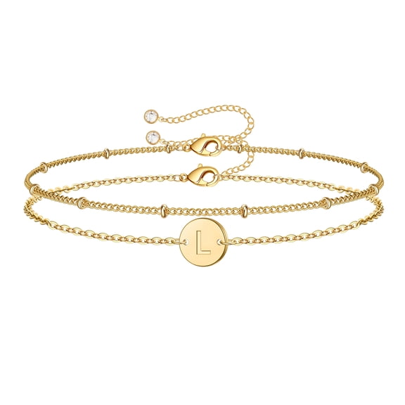 Turandoss Layered Initial Bracelets for Women Girls Dainty 14K Gold Plated Disc Monogram Charm Personalized Letter A-Z Trendy Jewelry Birthday Gifts for Women Daughter Mom