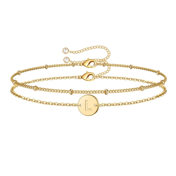 Turandoss Layered Initial Bracelets for Women Girls Dainty 14K Gold Plated Disc Monogram Charm Personalized Letter A-Z Trendy Jewelry Birthday Gifts for Women Daughter Mom