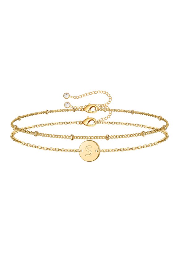 Layered Initial Bracelets for Women Girls 14K Gold Plated Personalized Disc Letter Charm Adjustable Letter A-Z Trendy Jewelry Birthday Back To School Unique Gifts for Women