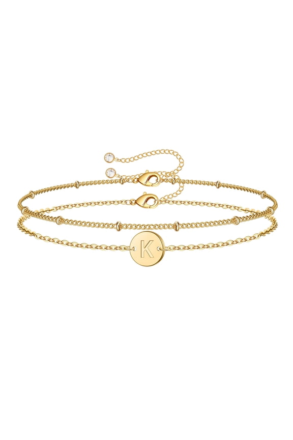 Layered Initial Bracelets for Women Girls Dainty 14K Gold Plated Personalized Disc Charm Letter A-Z Fashion Jewelry Birthday Gifts for Women Her Girls Best Friend