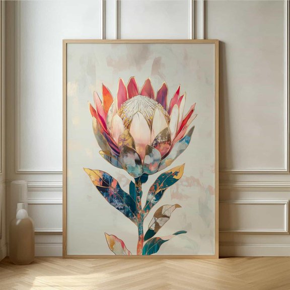 Gold Inlay Protea Flower Art Print Abstract Botanical Wall Decor