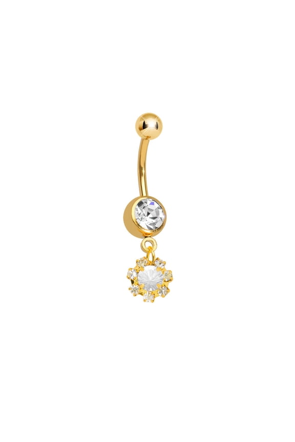 Gold Ion-Plated Dangle-Style Belly Ring with CZ Gem Cluster