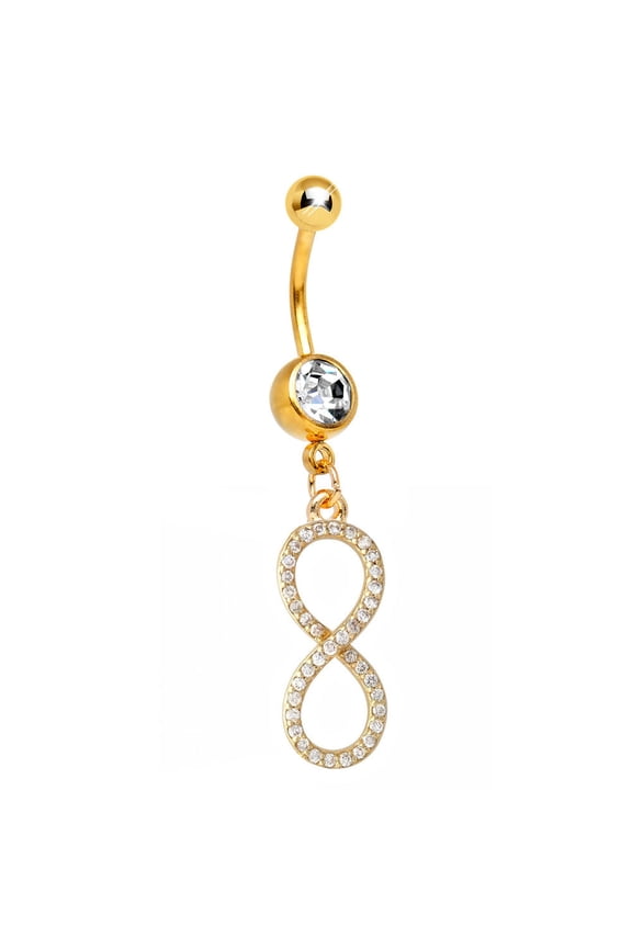 Gold Ion-Plated Dangle-Style Infinity Belly Ring with CZ Gems