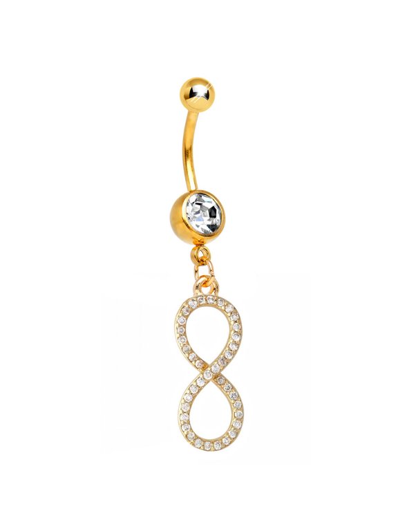 Gold Ion-Plated Dangle-Style Infinity Belly Ring with CZ Gems