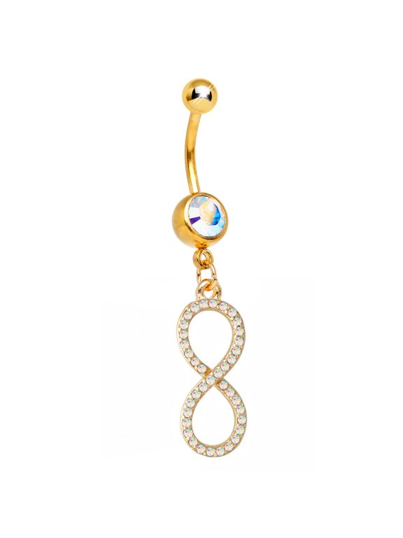 Gold Ion-Plated Dangle-Style Infinity Belly Ring with CZ Gems