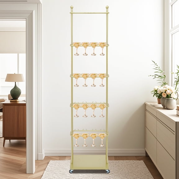 Gold Iron 42x30x176cm 5-Storey Mobile Wine Rack With Wheels 40 Cup Storage Rack Champagne Glass Display Cabinet