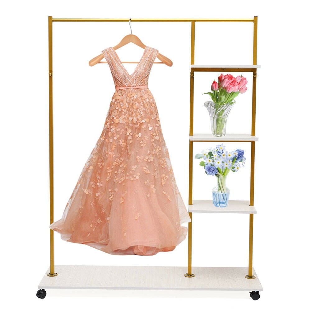 Used Gown Rack Gold Iron Clothing Rack with 4-Tier Shelves and Universal wheel Wedding ...
