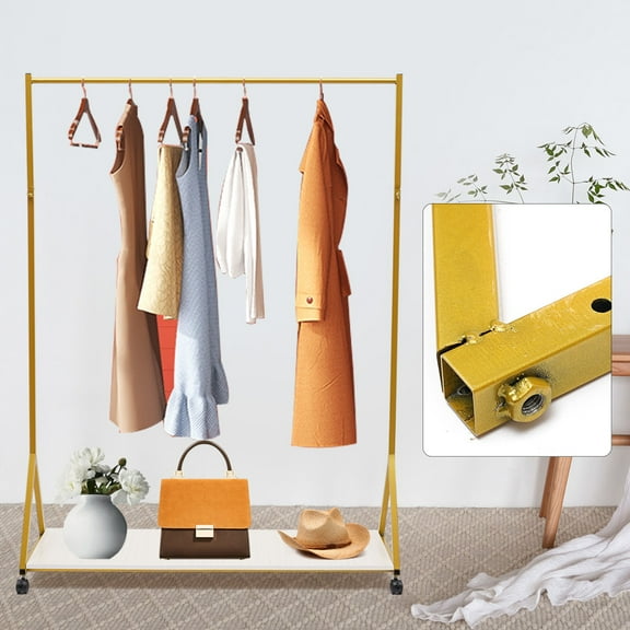 Gold Iron Clothing Rack With Shelves and Universal wheel