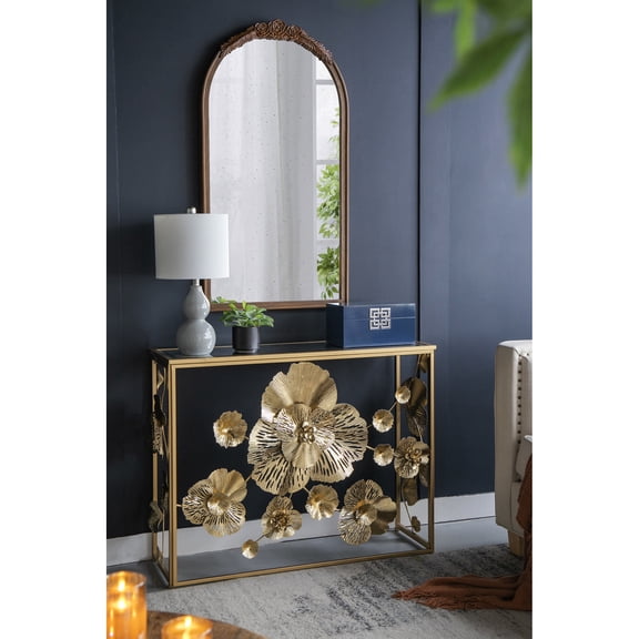 Gold Iron Console Table with Mirror / Used in Entryway Areas / Offers Functional Decor