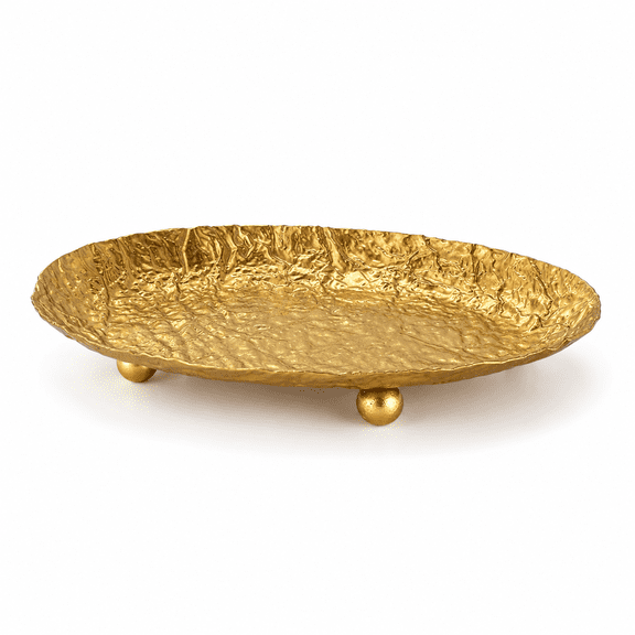 Gold Iron Decorative Tray with Crumpled Texture, Three Ball Feet, Desktop Storage Tray for Vanity, Makeup and Living Room