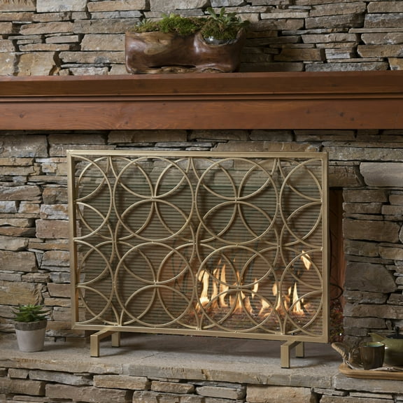 Gold Iron Fireplace Screen - Single Panel Fire Guard with Geometric Design, 41.1" W X 31.1" H, Spark Protection for Indoor Fireplace Safety