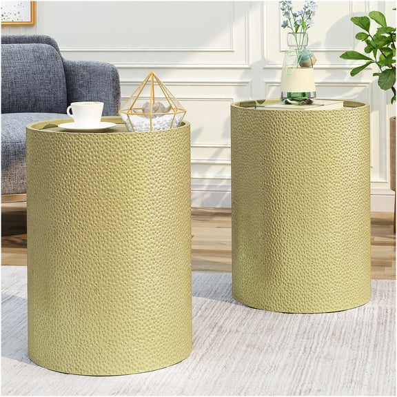 Gold Iron Hammered Metal Side Table Set of 2, Cylindrical Accent End Tables for Living Room, No Assembly Required