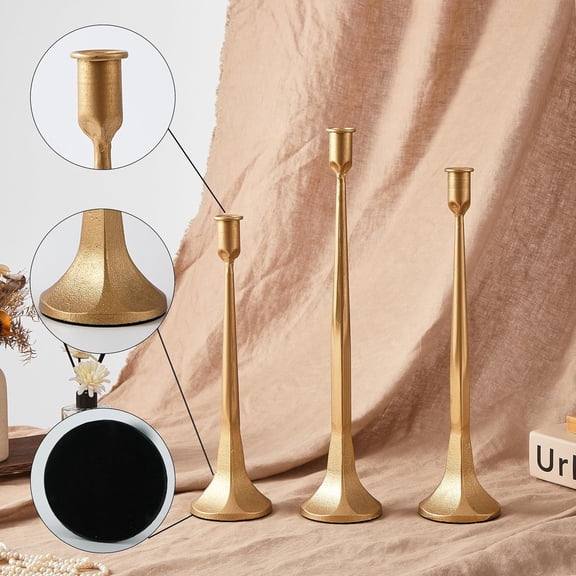 Gold Iron Taper Candle Holders Set of 3, Tall Decorative Candlesticks for Table Centerpieces, Weddings, Dining, and Home Decoration
