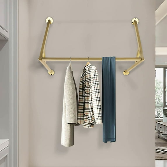 Gold Iron Wall-Mounted Clothes Rack, Retro Style Garment Display for Home, Boutique, and Laundry Room