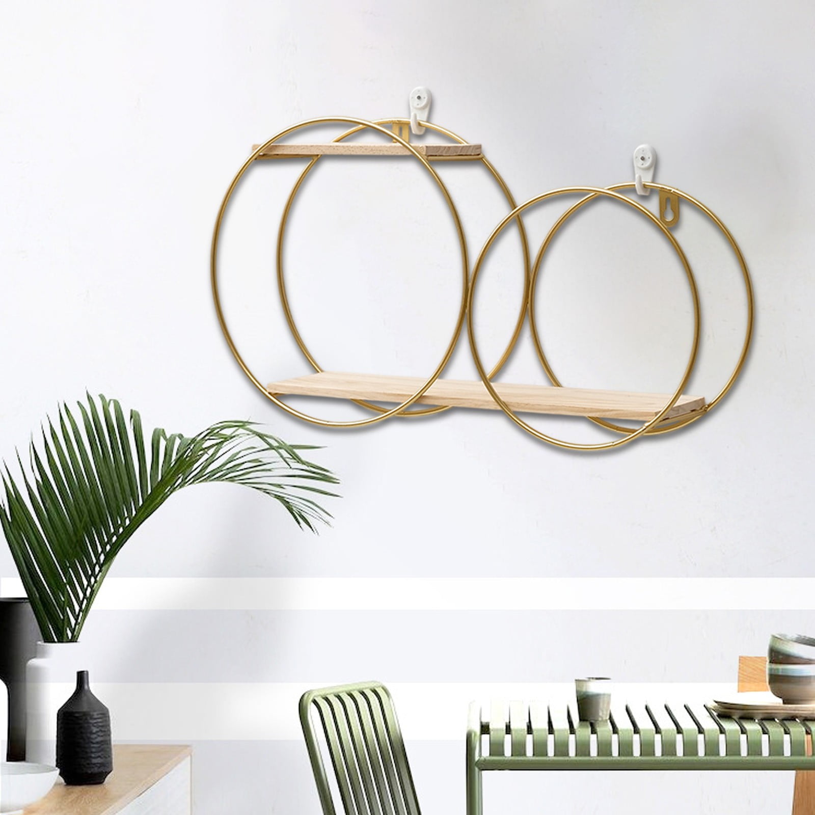 Gold Iron Wall Mounted Shelf - No Punch Living Room Wall Decor Storage ...