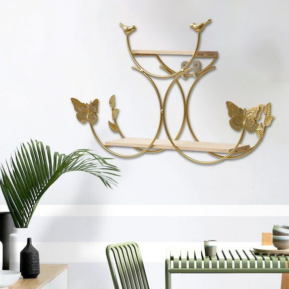 Gold Iron Wall Shelf | No Punch Living Room Wall Decor with Storage | Modern Wall Hanging Shelf for Bathroom Kitchen Bedroom | 1 Piece
