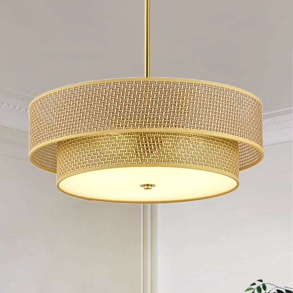 Gold Iron Woven Rattan Linen Semi Flush Mount Ceiling Light - 17.70 in Drum for Bedroom Kitchen Dining Room