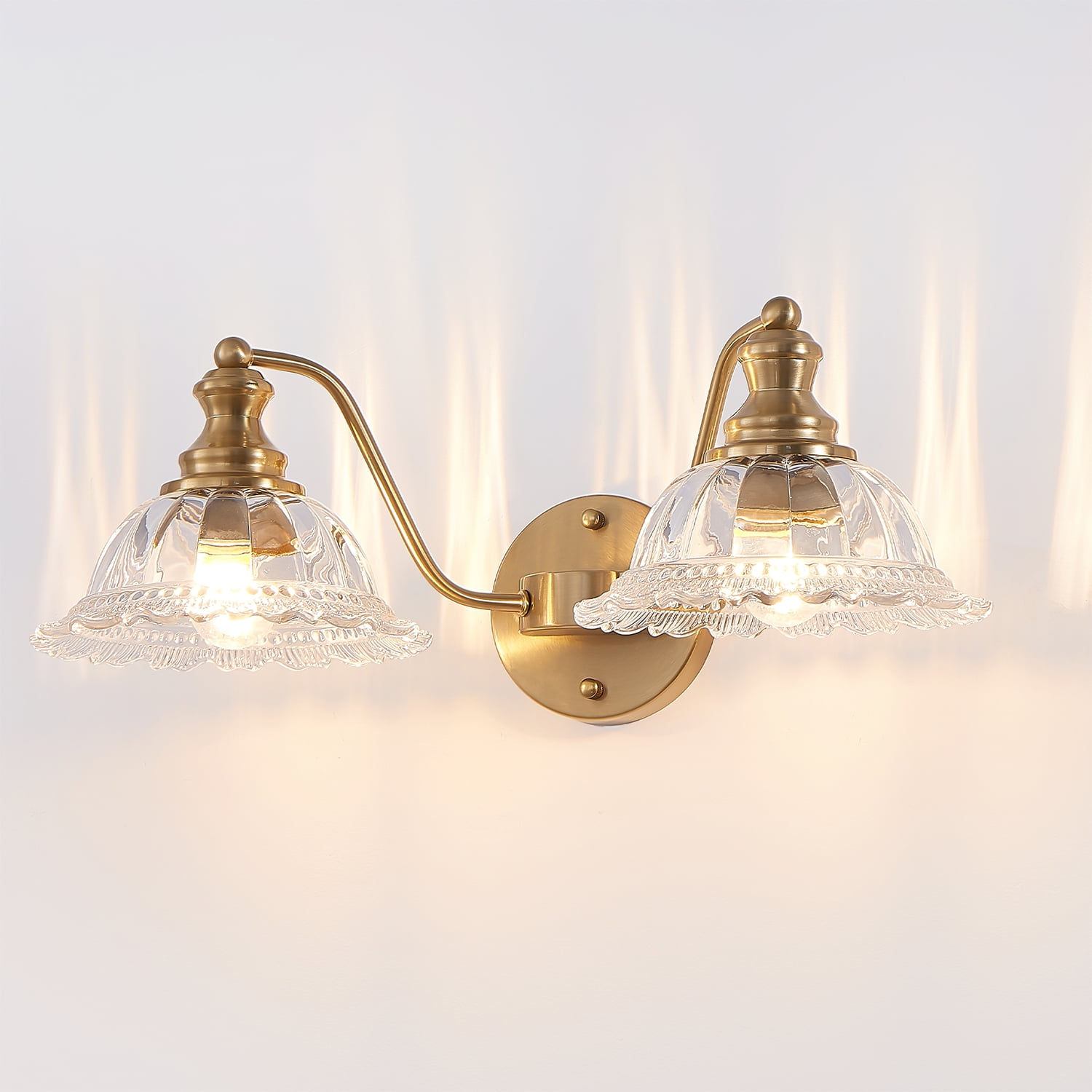 Gold Iron and Glass 2-Light Vanity Lighting Fixture for Elegant Bathrooms