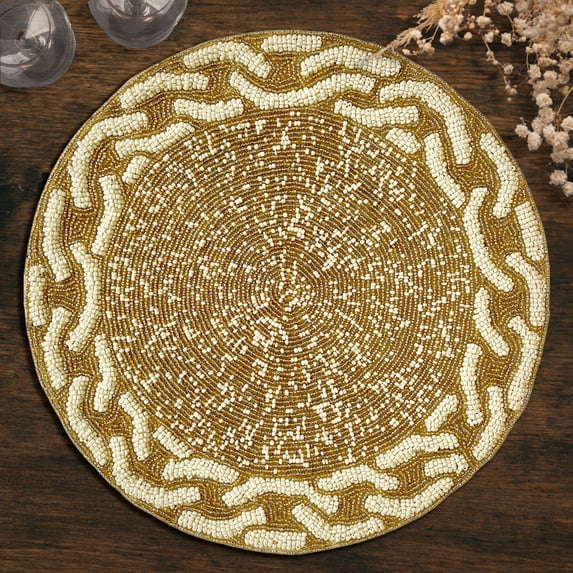 Gold Ivory White Beaded Placemats Set of 8 for Dining Coffee Table Scratch Heat Stain Resistant Charger Kitchen Decor Durable Tablemats - Fall Autumn Thanksgiving Holiday - 14 Inches