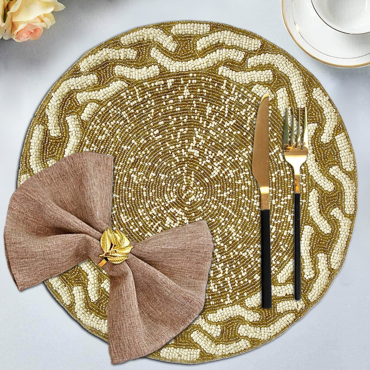 Gold Ivory White Beaded Placemats Set of 8 for Dining Coffee Table