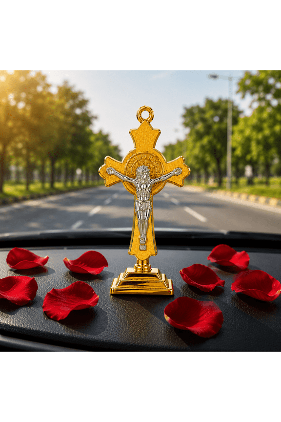 Gold Jesus Cross Dashboard Idol & Keychain | Crucifix Car Decor Key Ring for Auto Interior Prayer Gift | 0.11 lb