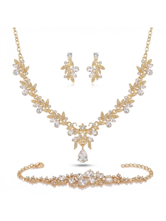Gold Jewelry Sets Rhinestone Wedding Necklace Earrings Bracelet Set Prom For Costume Jewelry for Women and Brides