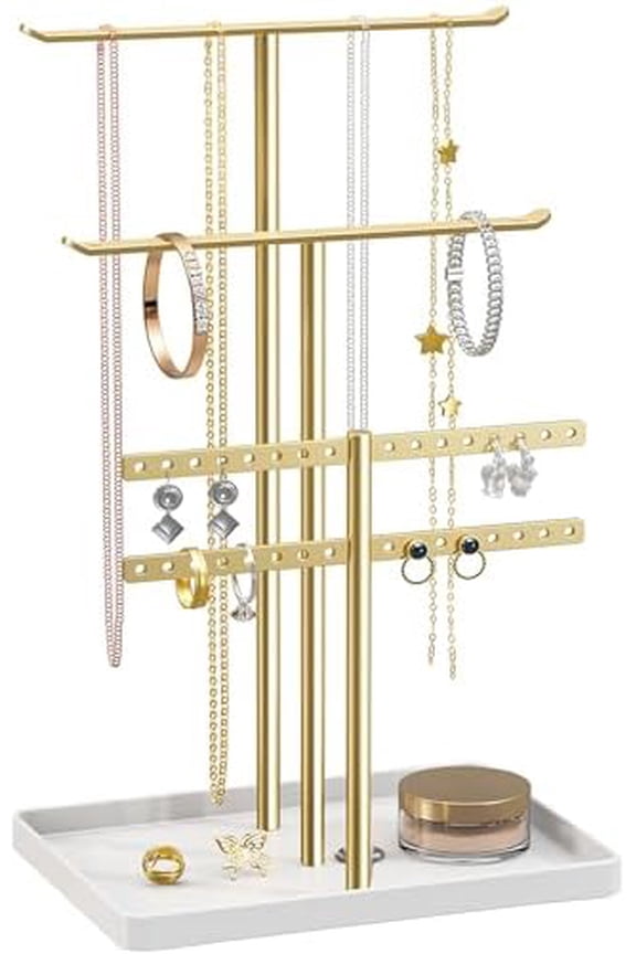 Gold Jewelry Stand Holder Organizer: 12.5" Sturdy Hanger for 80 Pcs Jewelry, Jewlery Tower for Display Necklace, Earring, Bracelet, Watch