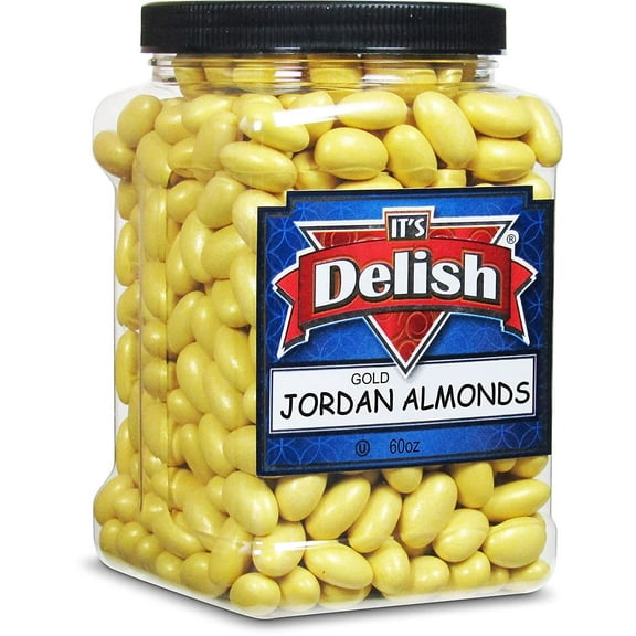 Gold Jordan Almonds by Its Delish, 3.75 lbs 60 Oz Jumbo Container Candied Almond Nut with Sweet Hard Candy Coating - Bulk Wedding Favors and Party Buffets, Gold Theme Parties - Vegan & Kosher