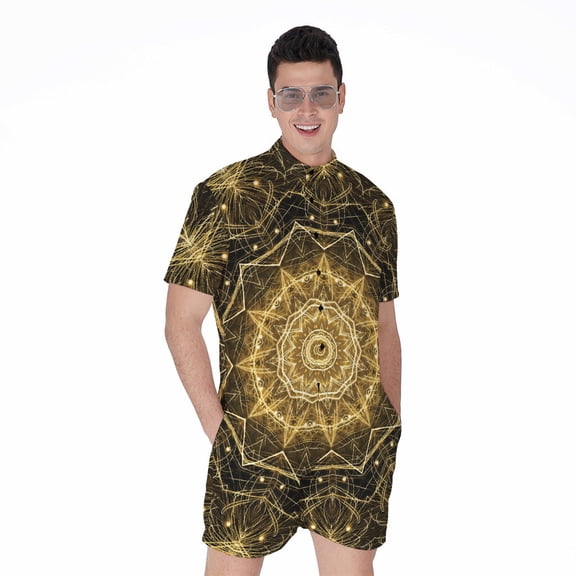 Gold Kaleidoscope Short Sleeve Men'S Rompers Casual Summer Jumpsuits Outfit