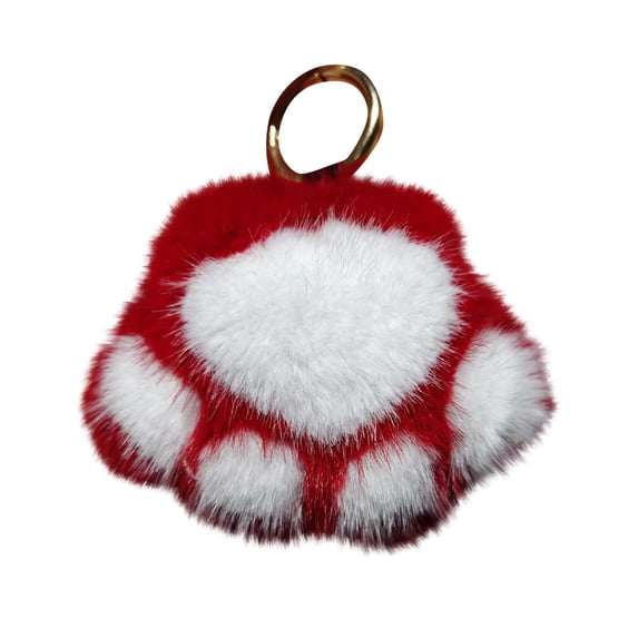 Gold Keychain Clip, Keychain for Car Keys, 3 in Diameter, Cat Paw Squeeze, Faux Material, Bag Charm Chain, Red White Pattern, 1 Pc
