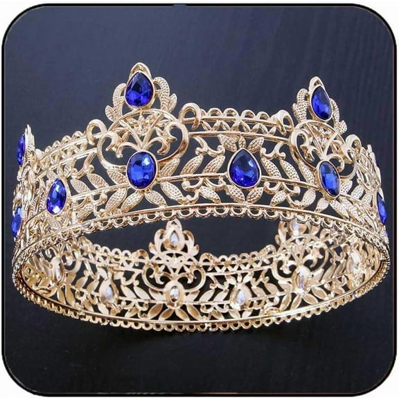 Gold King Crowns with Blue Rhinestone Crowns and Tiara Adults Royal Round Crown and Tiara Metal Prom King Party Hats Birthday Cosplay Decoration for Men