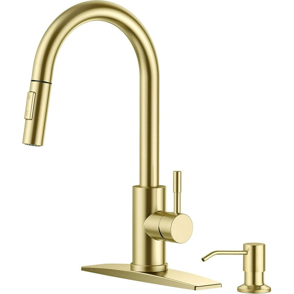 Gold Kitchen Faucet with Soap Dispenser, High Arc Modern Sink Faucet with Pull Down Sprayer and Deck Plate Fit for 1 or 3 Hole for Pot Filler Bar Farmhouse Laundry Rv, Brushed Gold