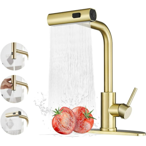 Gold Kitchen Faucets with Pull Down Sprayer,Waterfall Kitchen Sink Faucet,Commercial Utility Stainless Steel Kitchen Faucets,Single Handle Kitchen Sink Faucet with Pull Down Sprayer for 3 Function