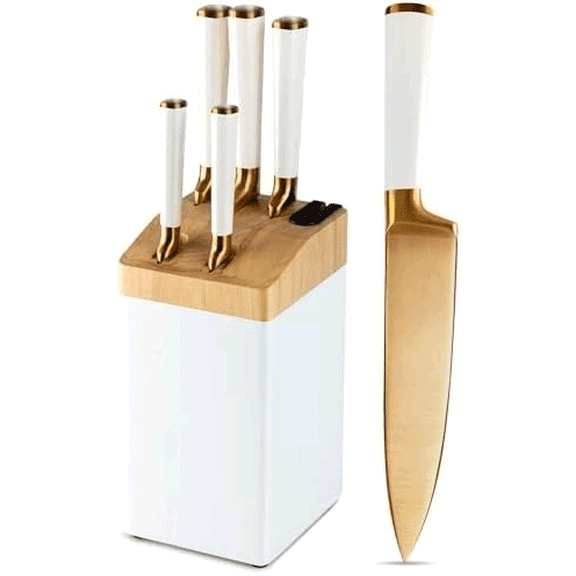 Gold Kitchen Knife Set with Block - 5 Piece Stainless Steel Knife Set, Gold Knives Set for Kitchen, Kitchen Knives Sets$$Home Decor, Kitchen, & Other