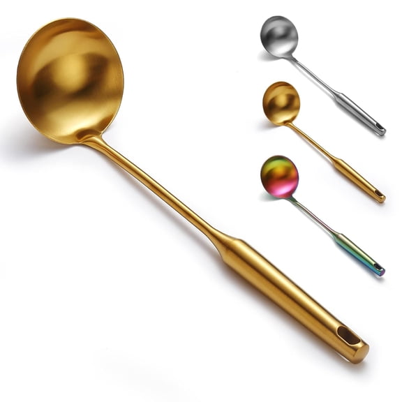Gold Kitchen Ladle, Ksopiavobs Titanium Golden Plating Stainless Steel Cooking Soup Ladle, Sturdy and Heavy Duty Design Ladel, Heat-proof, Easy to Store and Dishwasher Safe