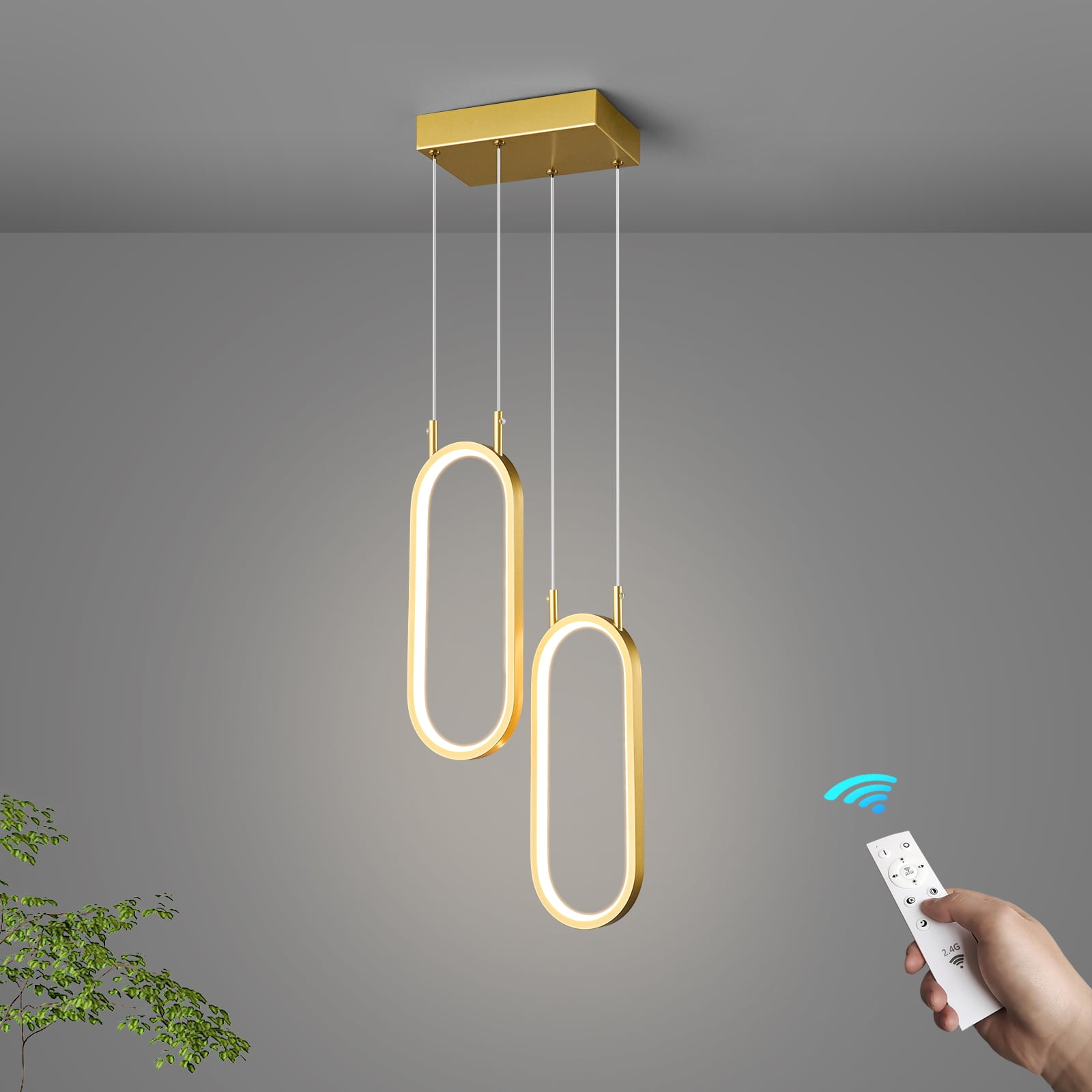 Gold Kitchen Pendant Light LED Oval Chandelier 2 Rings Pendant Light Fixture for Kitchen Island Dining Room Living Room Bedroom