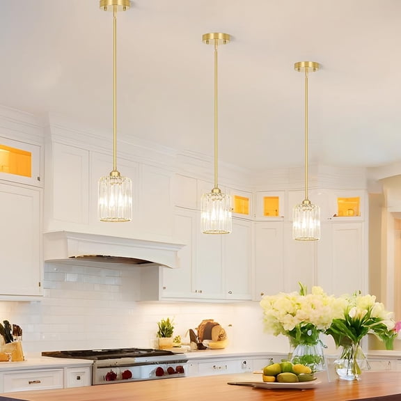 Gold Kitchen Pendant Lights Over Island with Adjustable Rods - Crystal Pendant Lighting Fixtures for Sloped Ceiling, Ideal Over Dining Table or Bar, E26 Bulb Compatible, No Electrician Needed