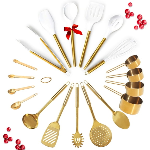 Gold Kitchen Utensils Set - 19 PC Luxury Set Includes Stainless Steel Gold Cooking Utensils Set, White Silicone Cooking Utensils, Gold Measuring Cups and Spoons Set - Gold Kitchen Accessories