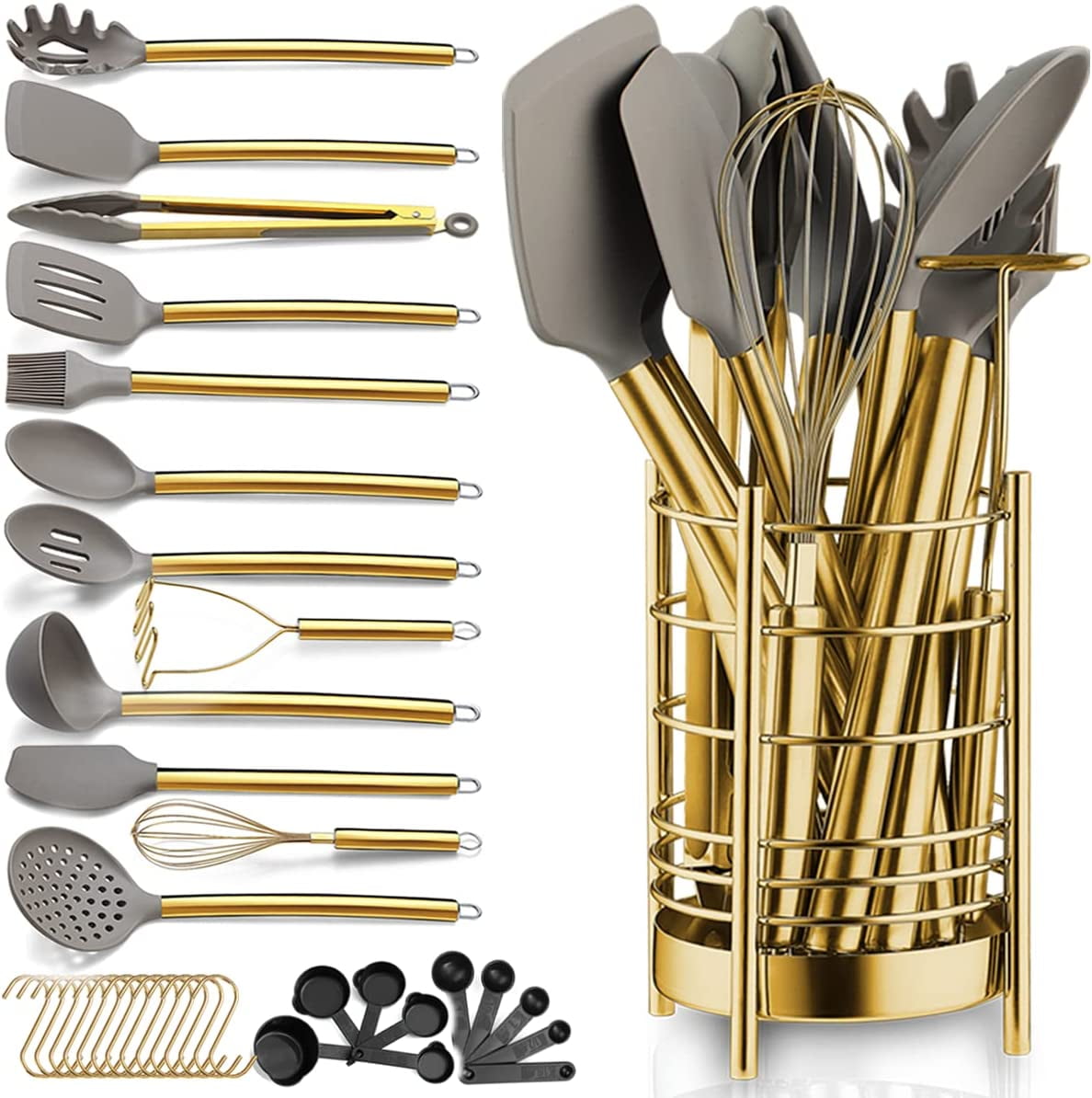 Gold and Gray 38-Piece Silicone Cooking Utensils Set with Stainless Steel Holder