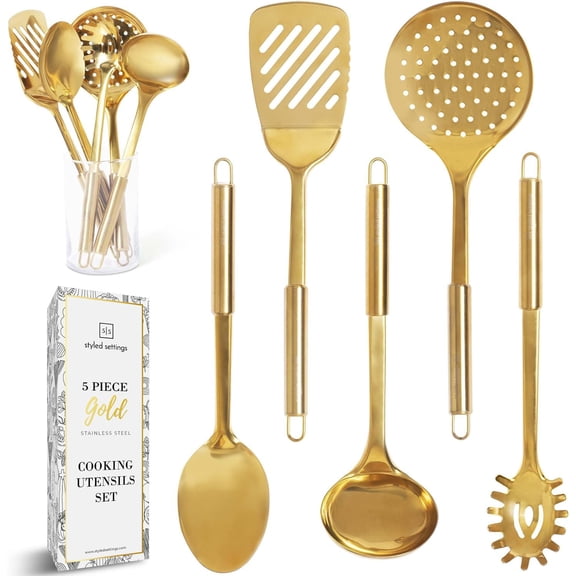 Gold Kitchen Utensils Set - 5-Piece Stainless Steel Kitchen for Modern Cooking and Serving - Dishwasher Safe Ladle, Spoon, Spatula, Pasta Fork, Luxury Brass Kitchen Accessories for Home Chefs Y101