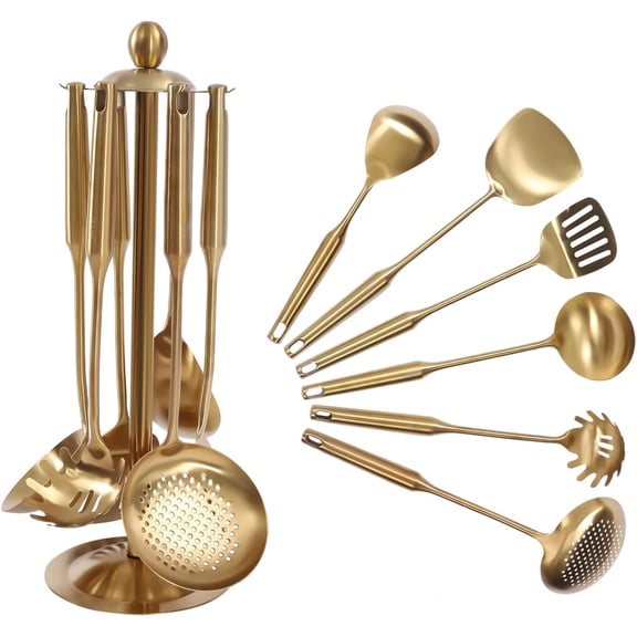 Gold Kitchen Utensils Set,7 PC 304 Stainless Steel Cooking Tools with Slotted Spoon, Slotted Spatula, Rice Spoon, Soup Ladle, Wok Spatula, Spaghetti Spoon