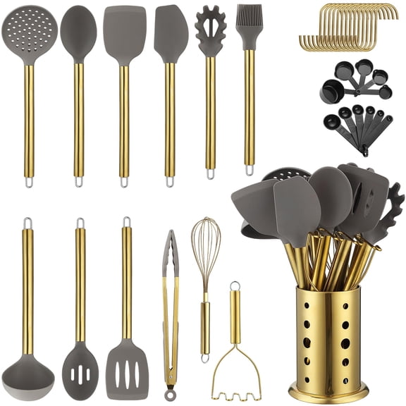 Gold Kitchen Utensils Set, Kyraton 38 Pieces Non-Stick Silicone Cooking Utensils Set, Spoon Spatula Set with Sturdy Stainless Steel Utensil Holder, Dishwasher Safe Y101