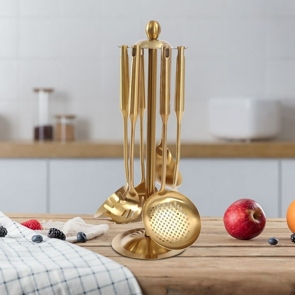 Gold Kitchen Utensils Set with Stand ?C 7 Piece 304 Stainless Steel Cooking Tool