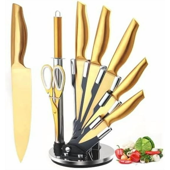 Gold Knife Set8Pcs Golden Titanium Stainless Steel Kitchen Knife Set with Acrylic Knife Holder,Dishwasher Safe Non Stick Non Rust Knife Block Set