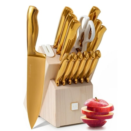 Gold Knife Set for Kitchen with Block and Sharpener - 14 Piece Razor Sharp Titanium Gold Kitchen Knife Set with Ashwood Knife Block with Sharpener Built In - Gold Kitchen Accessories